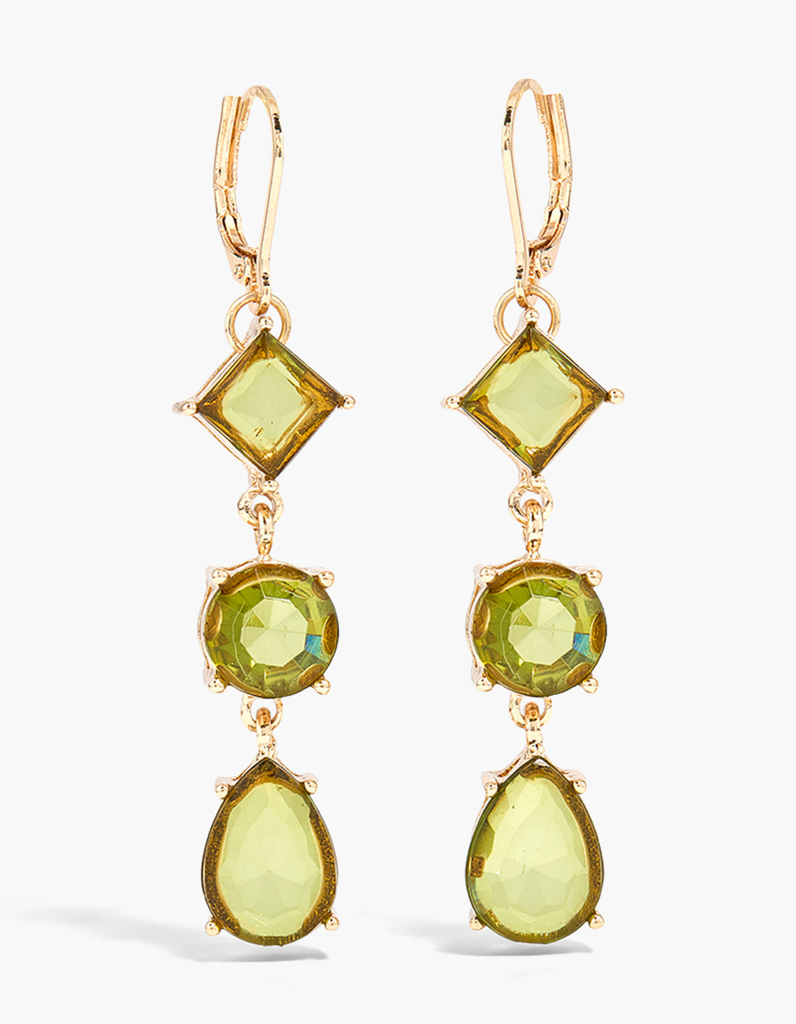 Showcasing gold olive green cubic zirconia multi shape earrings with huggie closure front view