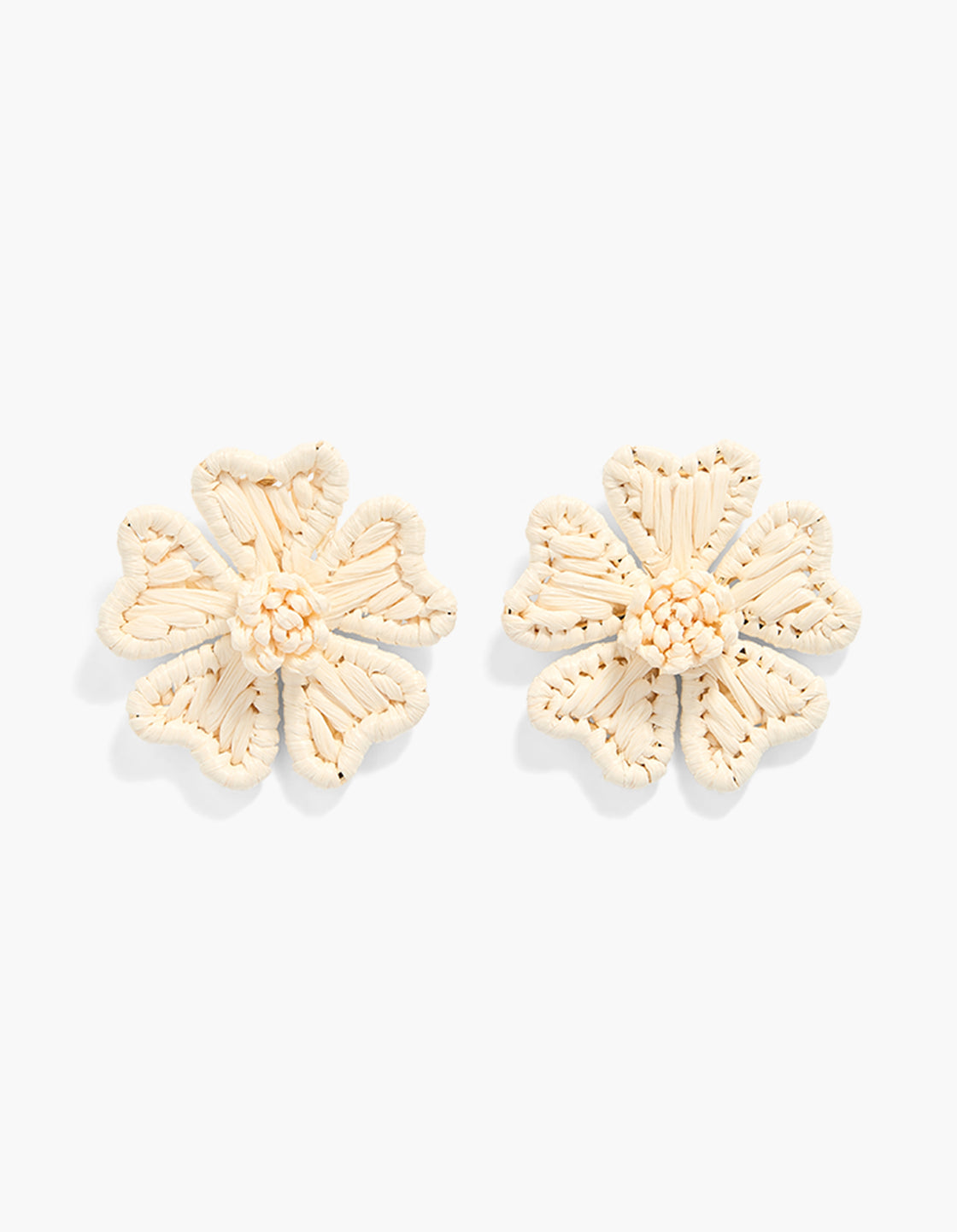 Showcasing cream raffia flower stud earrings in beige front view