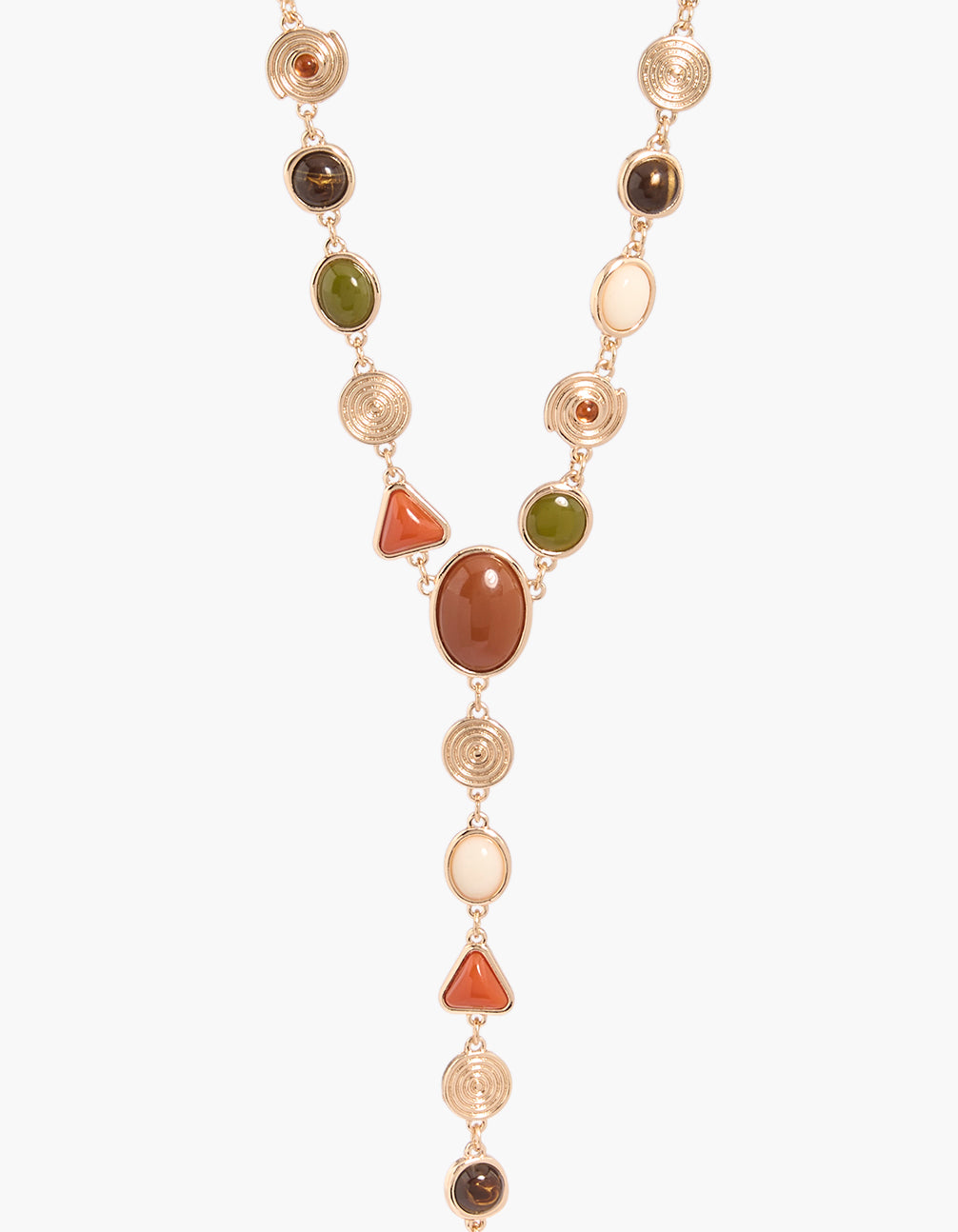 Showcasing a gold vintage acrylic stone Y-necklace featuring in close up view