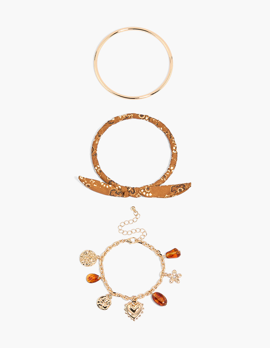 Beautifully crafted gold bangle bracelets 3-pack with beads, charm, floral and heart details front view