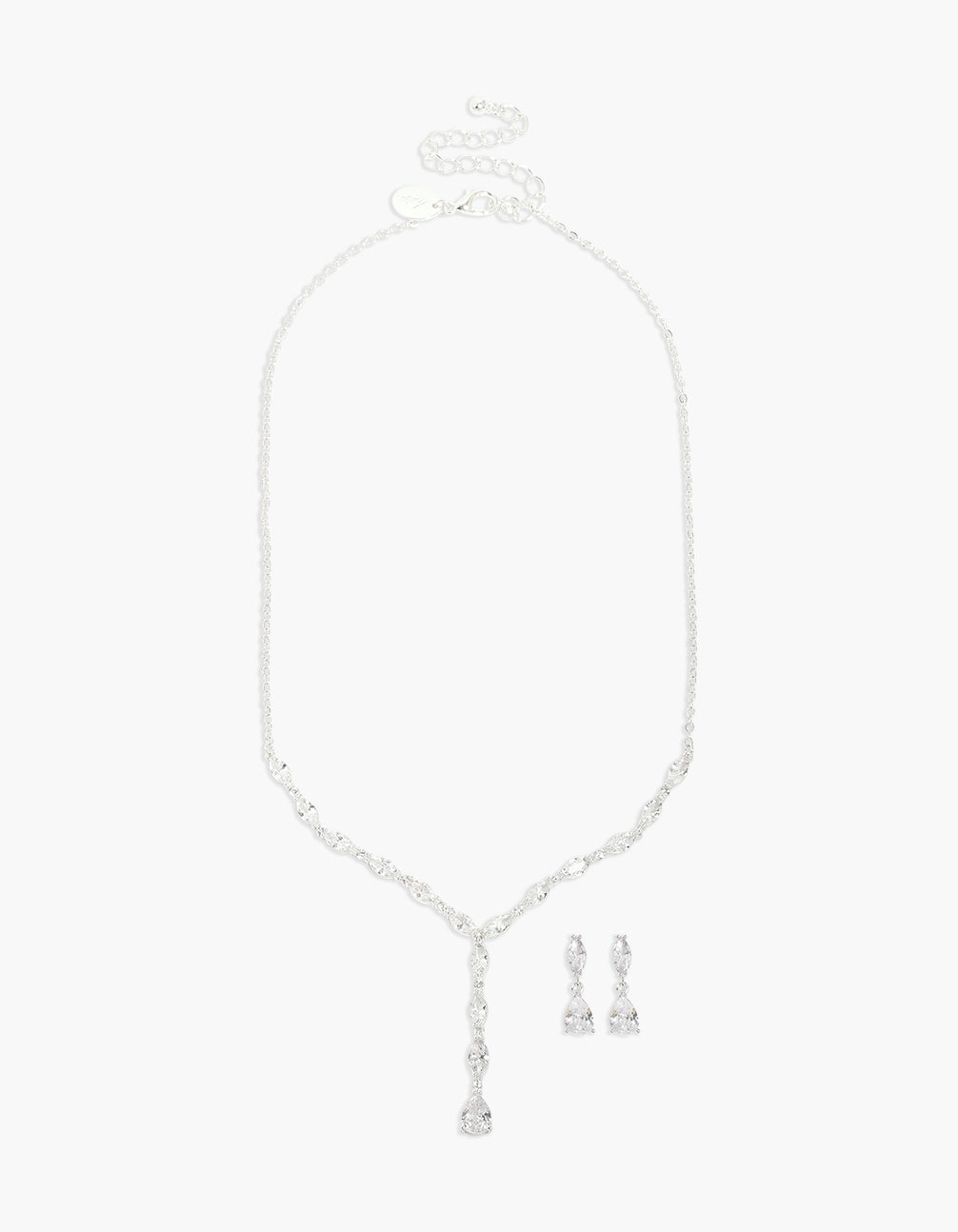 Silver Plated Cubic Zirconia Oval Teardrop Y-Necklace & Earrings Set