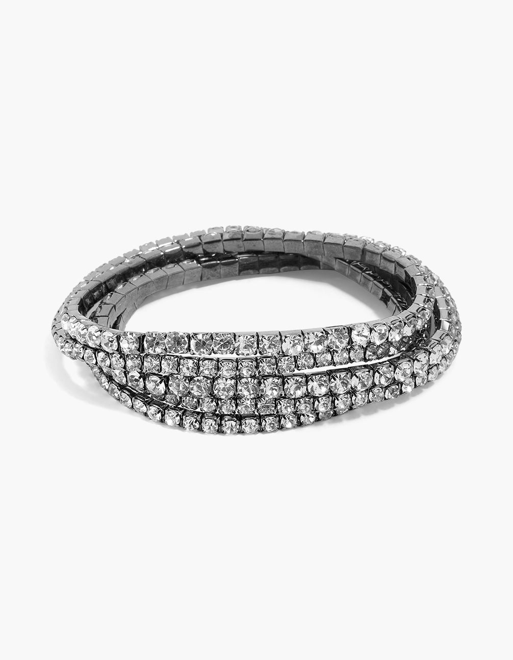Featuring gunmetal silver diamante shiny stretch bracelets in a 5-pack front view