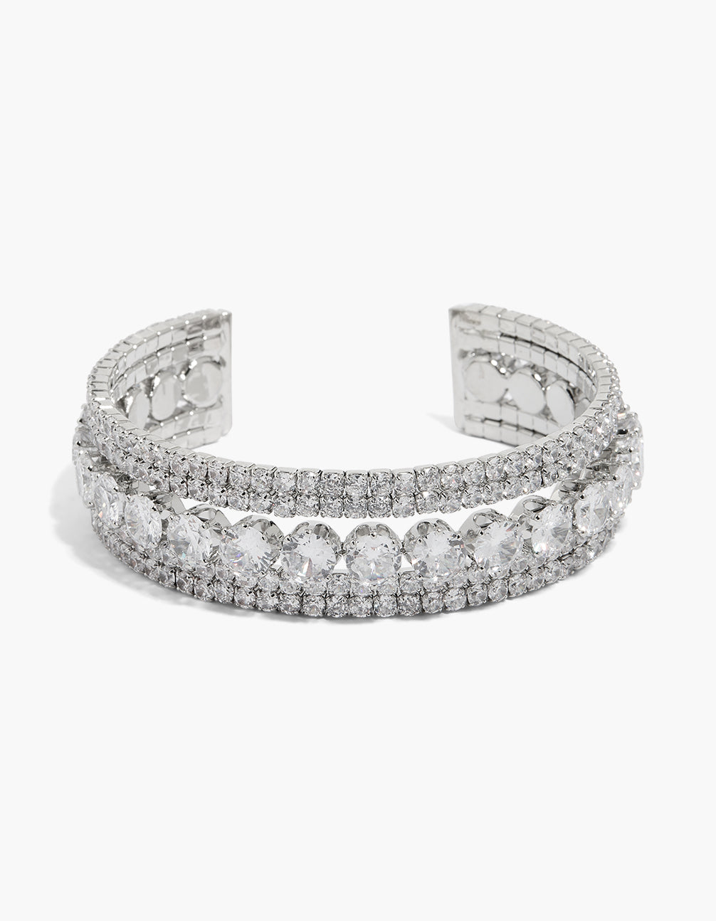 Stunning cubic zirconia cup chain wrist cuff in silver front view