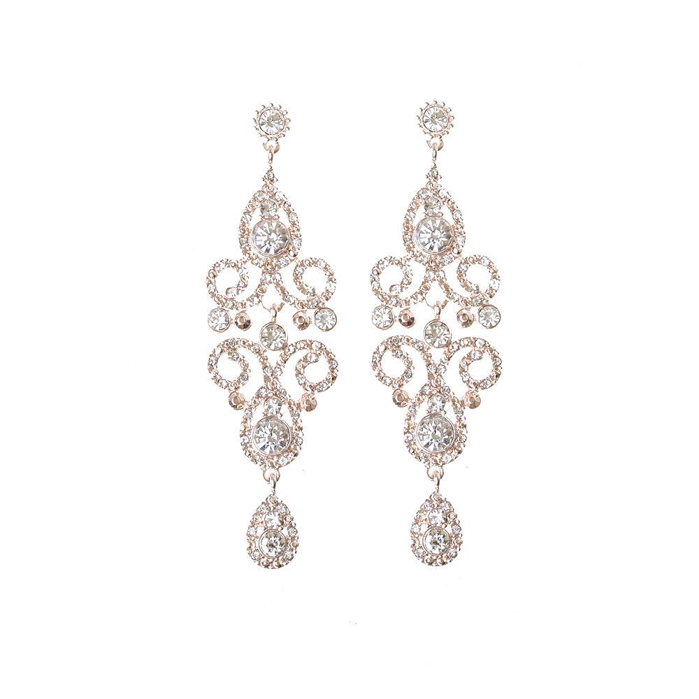 Rose Gold Crystal Bead Filigree Swirl Chandelier Earrings