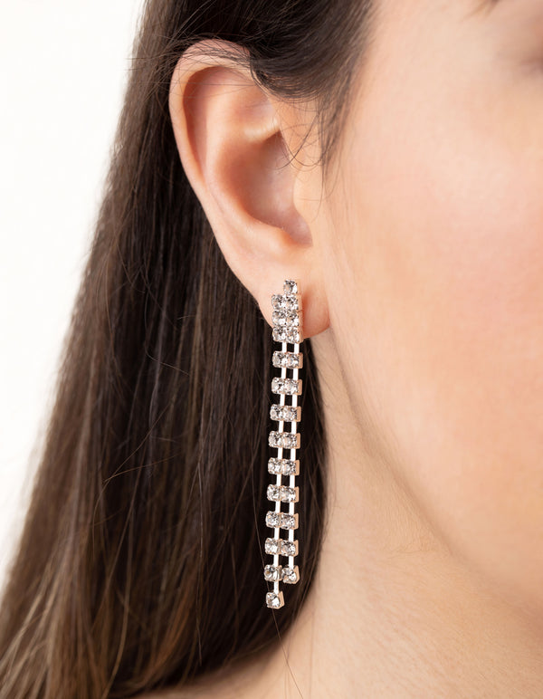 Silver Long Double Row Diamante Drop Earrings