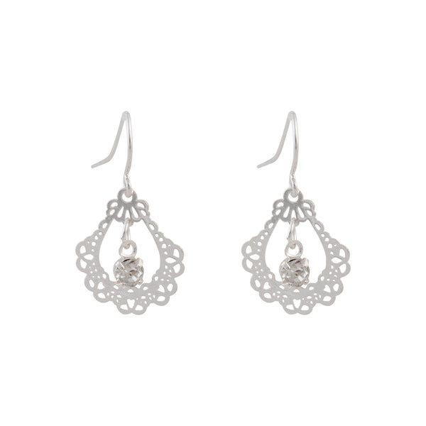 Ornate Silver Drop Earrings With Centre Diamante