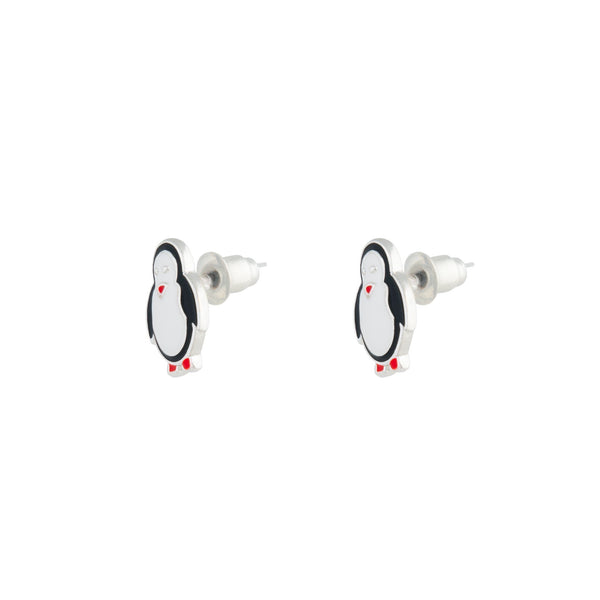 Silver Black & White Penguin Stud Earrings