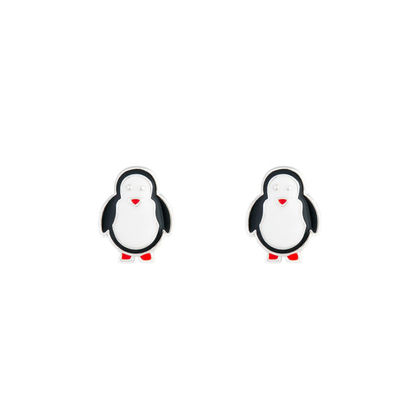 Silver Black & White Penguin Stud Earrings