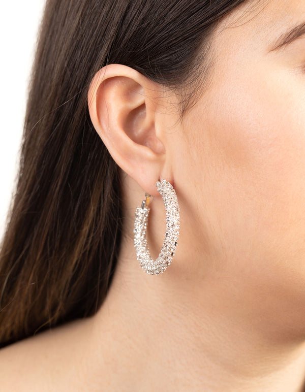 Crystal Encrusted Chunky Silver Hoop Earrings