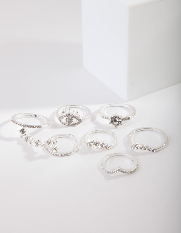 Silver Diamante Evil Eye Ring Pack