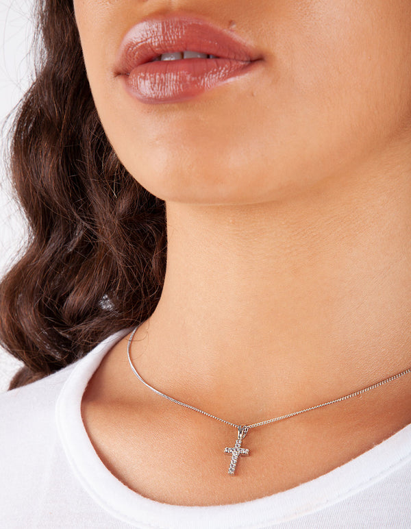 Silver Diamond Simulant Pave Cross Necklace