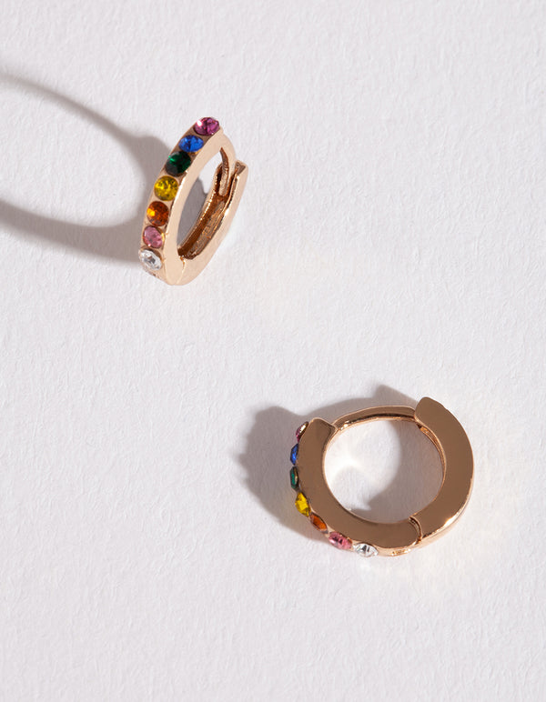 Gold Rainbow Diamante Huggie Earrings