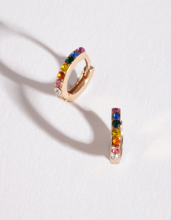 Gold Rainbow Diamante Huggie Earrings