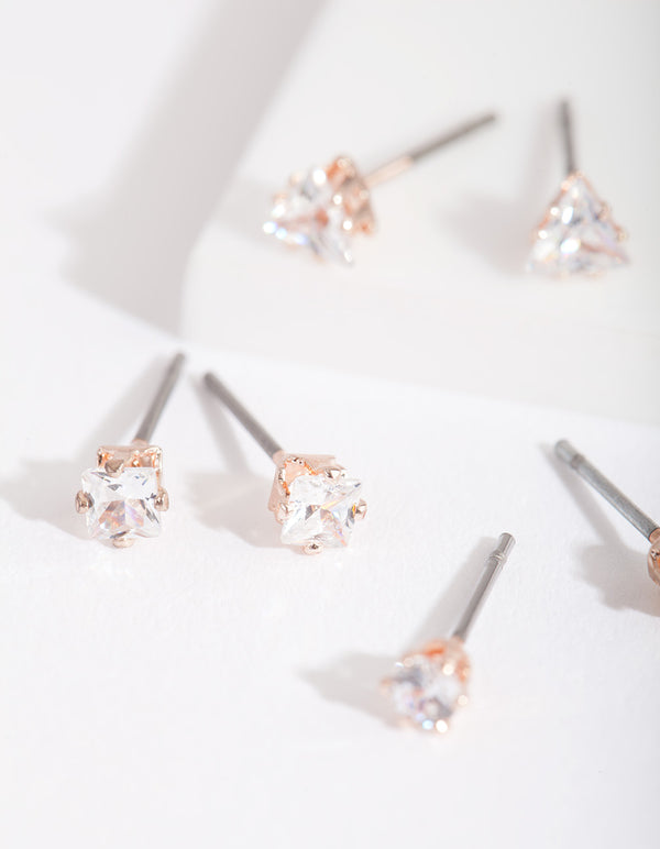 Rose Gold Cubic Zirconia Geometric Stud Earring Pack