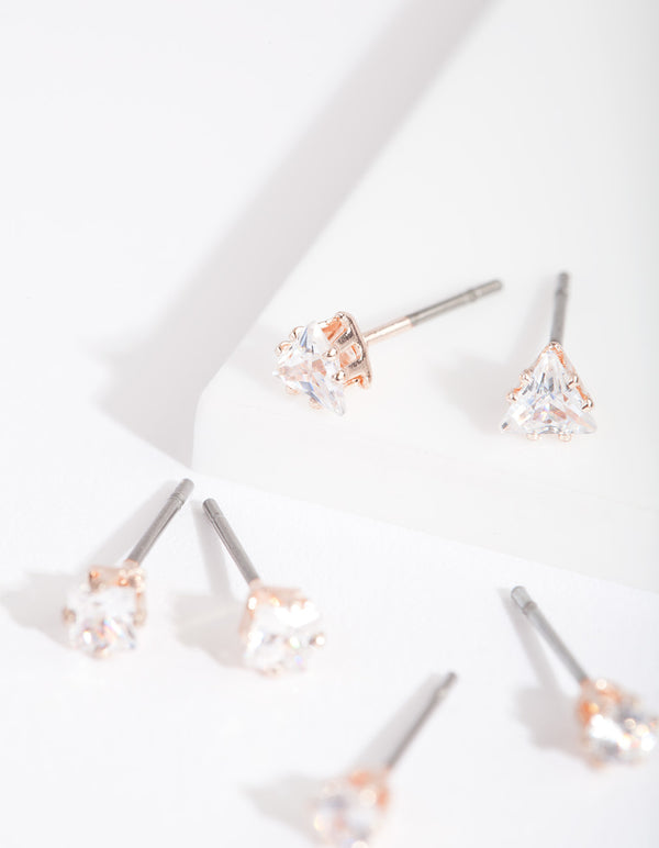 Rose Gold Cubic Zirconia Geometric Stud Earring Pack
