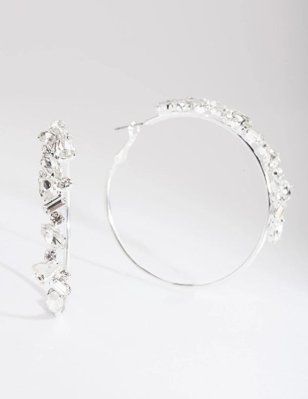 Silver Cluster Gem Hoop Earrings