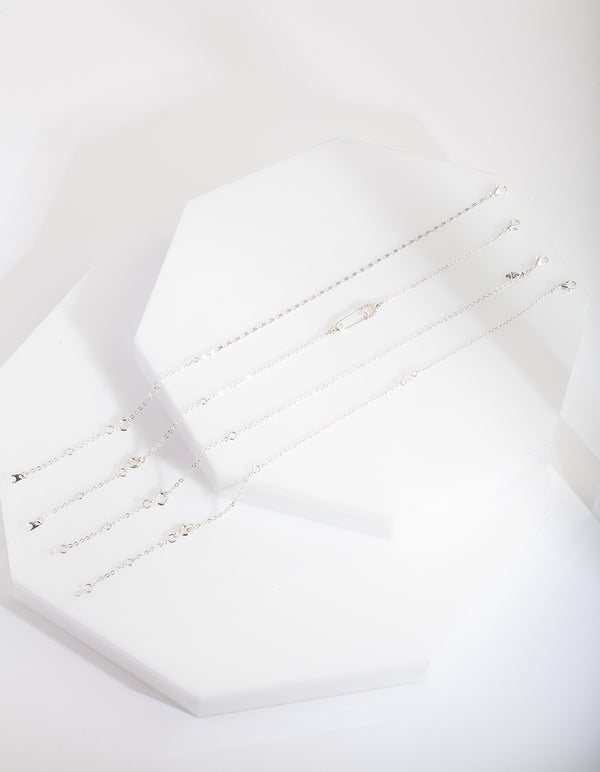 Silver Pin Diamante Anklet Bracelet 4-Pack