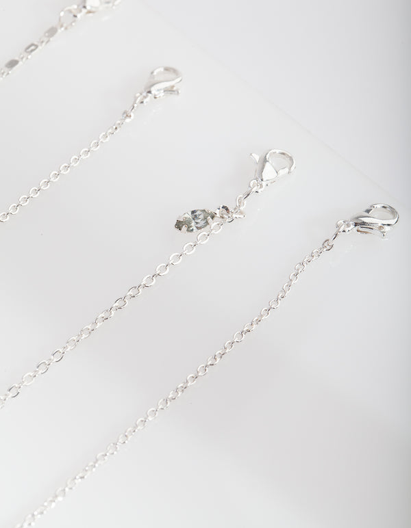 Silver Pin Diamante Anklet Bracelet 4-Pack