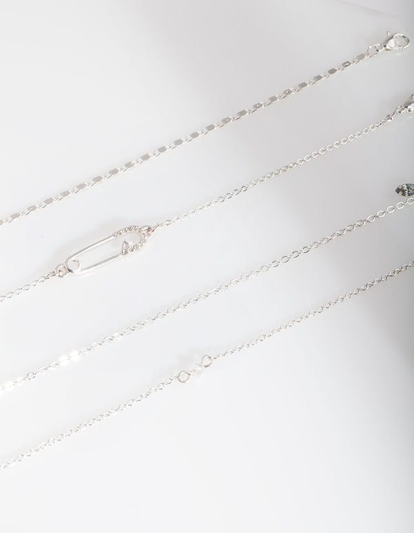 Silver Pin Diamante Anklet Bracelet 4-Pack