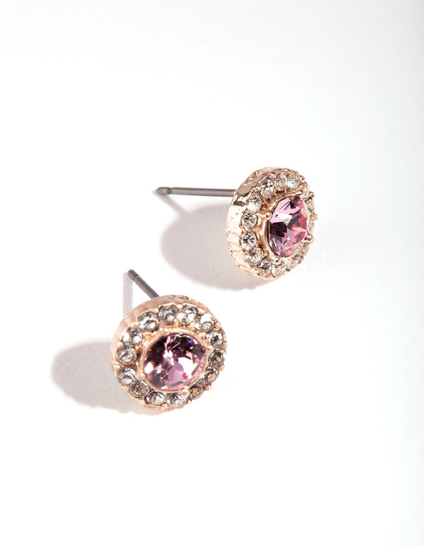 Silver Diamond Simulant Pink Halo Stud Earrings