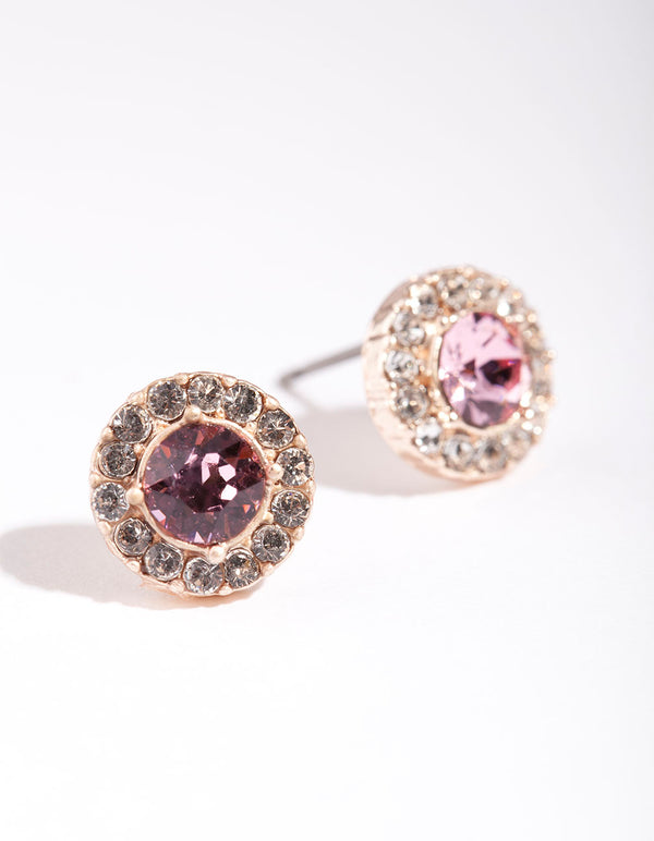 Silver Diamond Simulant Pink Halo Stud Earrings