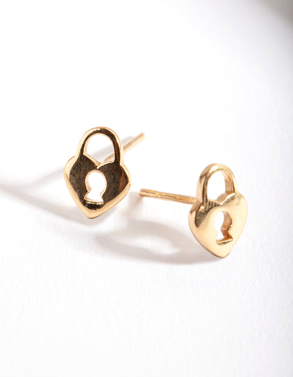 Gold Plated Heart Shaped Padlock Stud Earrings