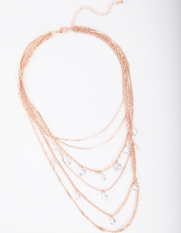 Rose Gold Cubic Zirconia Multi Chain Necklace