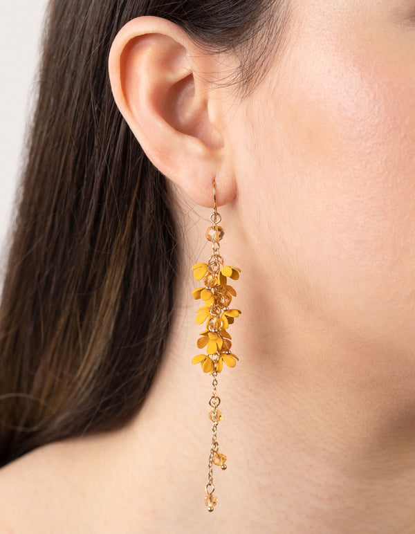 Gold Yellow Flower Cluster Drop Earrings
