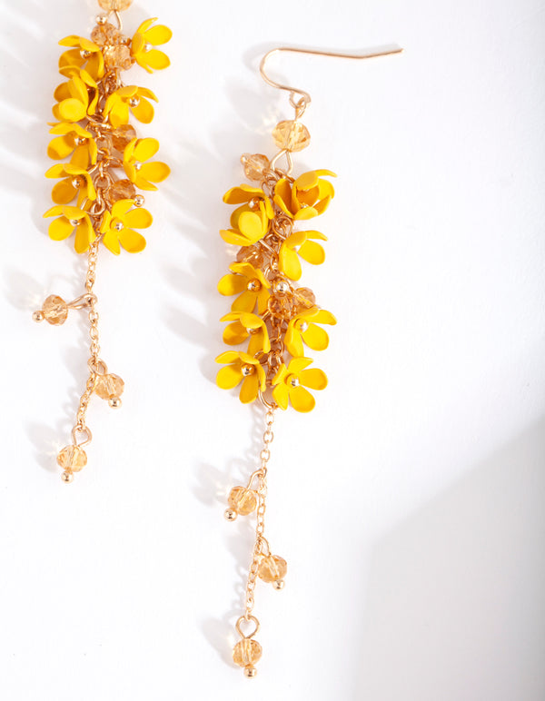 Gold Yellow Flower Cluster Drop Earrings