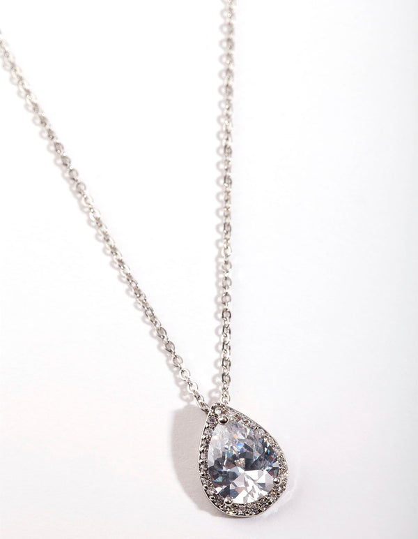 Diamond Simulants Silver Cubic Zirconia Pear Halo Necklace