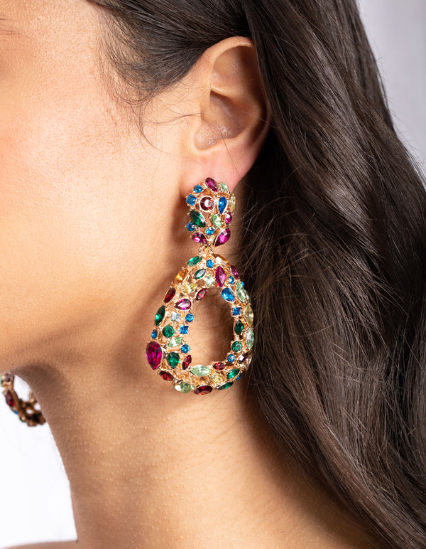 Gold Rainbow Cluster Teardrop Earrings