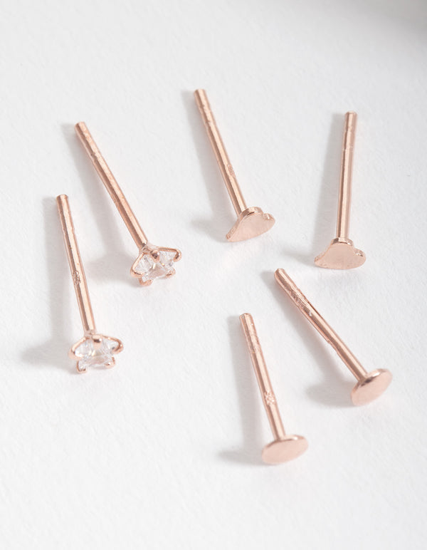 Rose Gold Plated Sterling Silver Heart Disc Stud Earring Pack