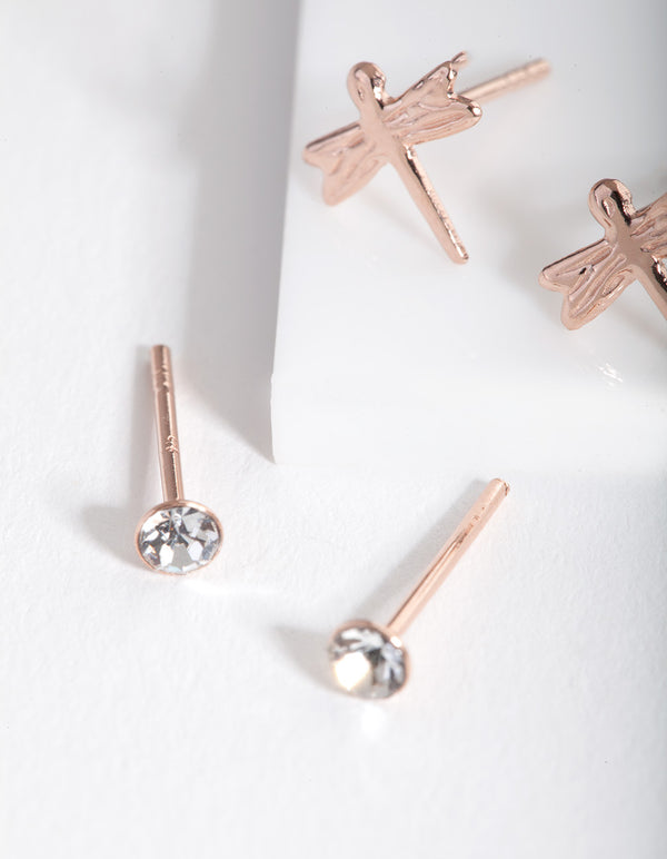 Rose Gold Plated Sterling Silver Dragonfly Stud Earring Pack