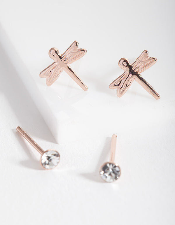 Rose Gold Plated Sterling Silver Dragonfly Stud Earring Pack