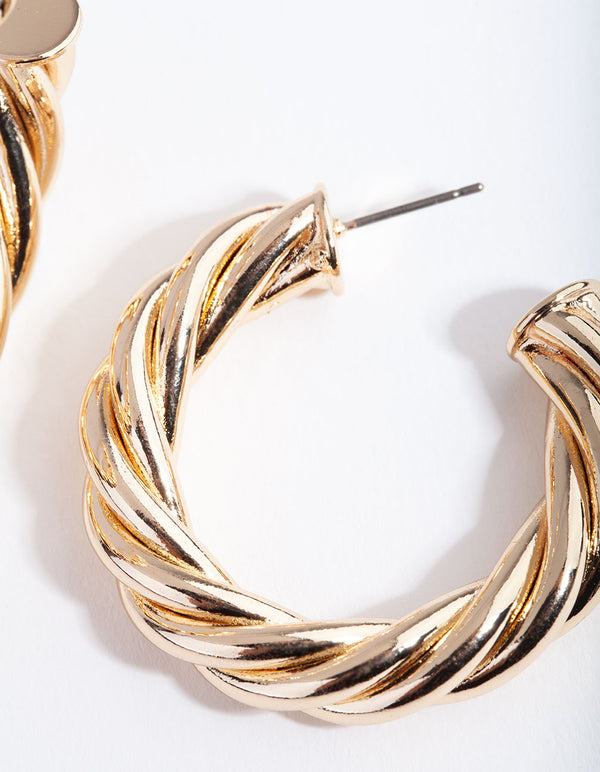 Gold Chubby Twist C Hoop Earrings