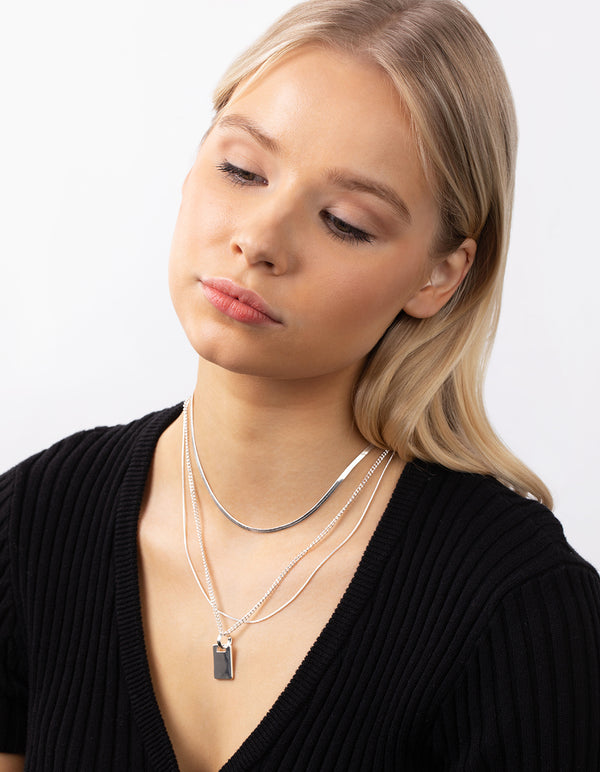 Silver Plated Multi-Row Square Pendant Necklace
