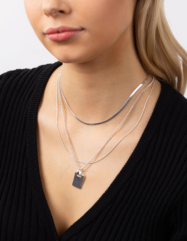 Silver Plated Multi-Row Square Pendant Necklace