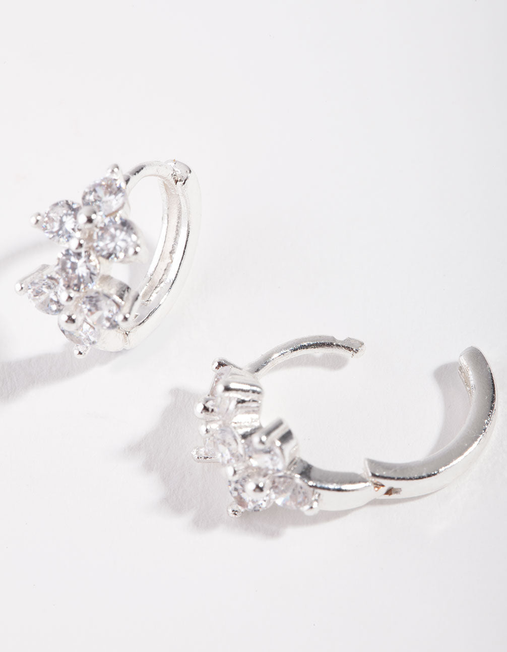 Silver Cubic Zirconia Double Flower Huggie Earrings