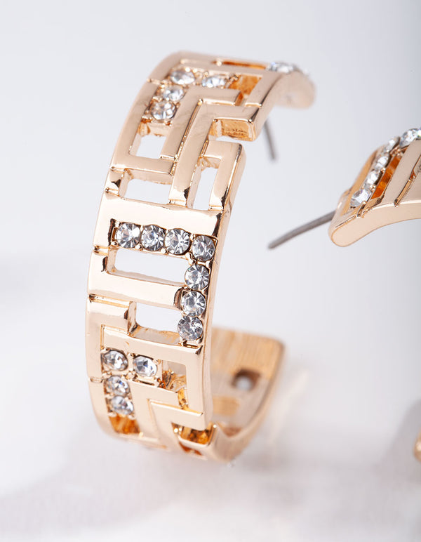 Gold Greek Key Diamante Hoop Earrings