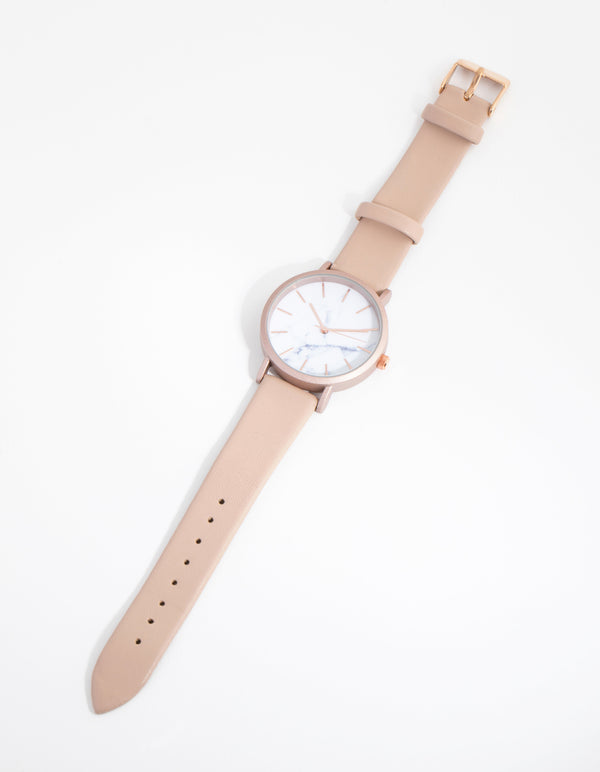 Rose Gold Marble Dial PU Strap Watch