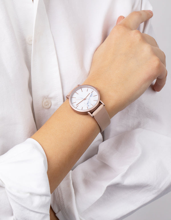 Rose Gold Marble Dial PU Strap Watch