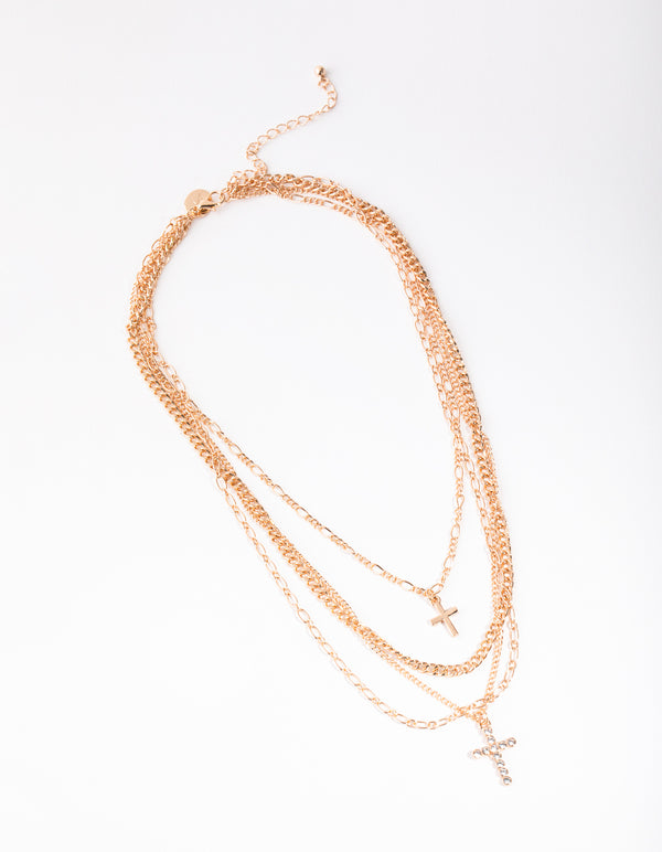 Gold Mixed Metal Chain Cross 4-Row Necklace