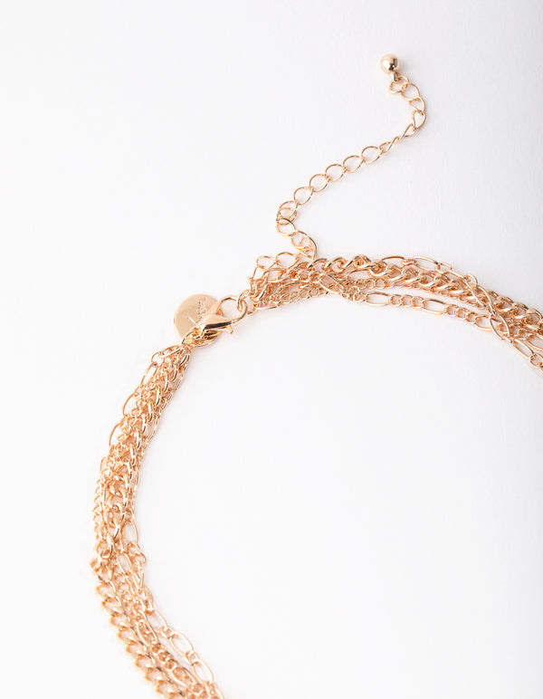 Gold Mixed Metal Chain Cross 4-Row Necklace