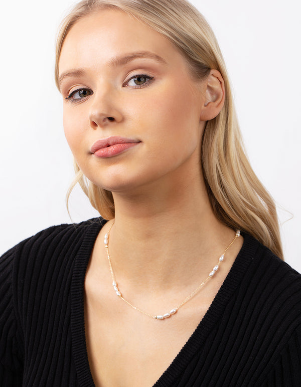 Gold Plated Freshwater Pearl Station Necklace