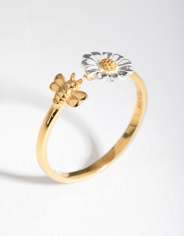 Gold Plated Sterling Silver Daisy Bee Open Ring
