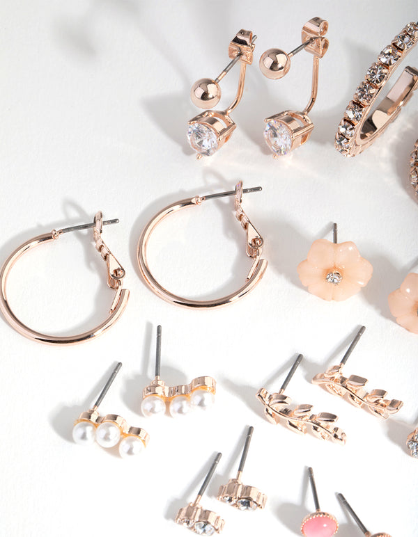 Rose Gold Flower & Pearl 16-Pack Earring