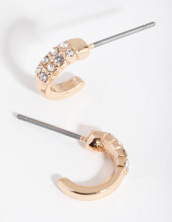 Gold Half Diamante Huggie Earrings