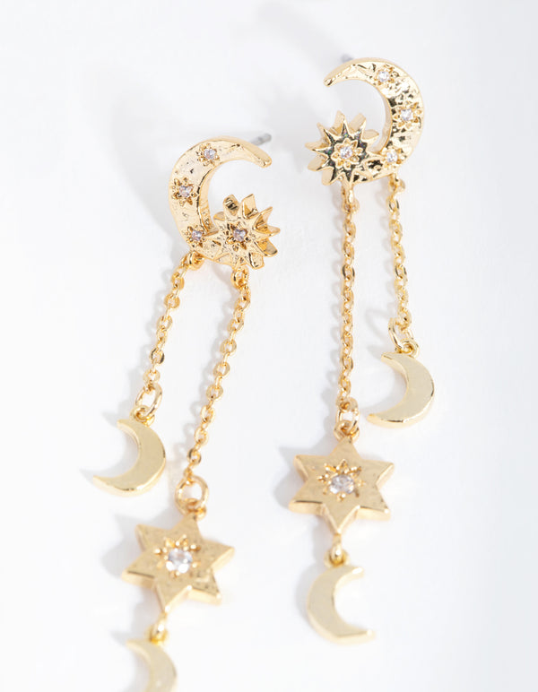 18ct Gold Plated Star & Moon Drop Earrings