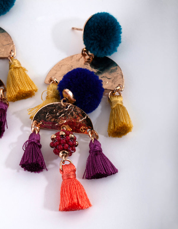 Festival Pom Pom Tassel Drop Earrings