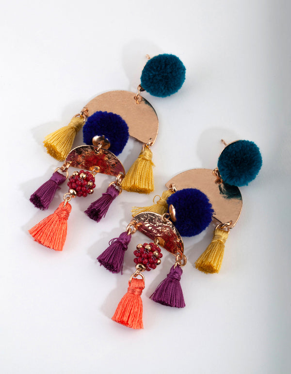 Festival Pom Pom Tassel Drop Earrings
